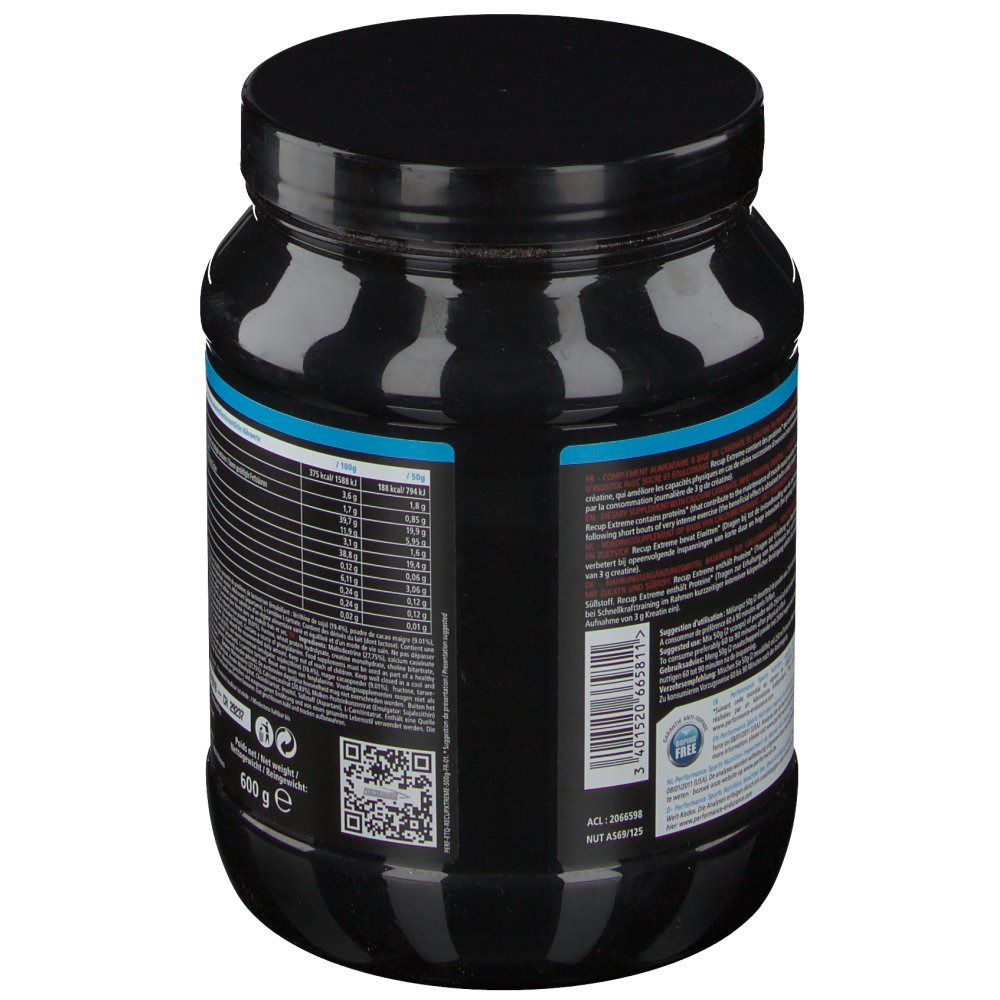 Zwarte pot, achterkant met tekst en barcode. Tekst: 600 g. Logo: Nutri-Avis. QR-code. Certificeringen.