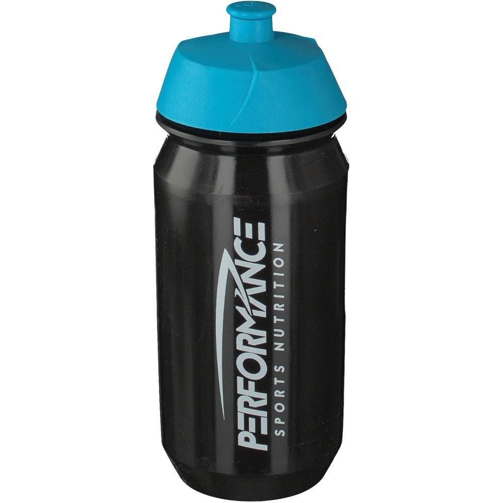 Gourde noire avec bouchon bleu. Inscription : PERFORMANCE SPORTS NUTRITION.