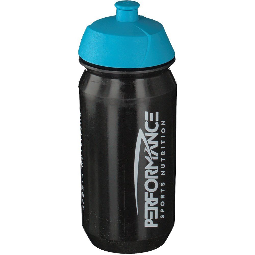 Gourde noire avec bouchon bleu. Inscription : PERFORMANCE SPORTS NUTRITION.