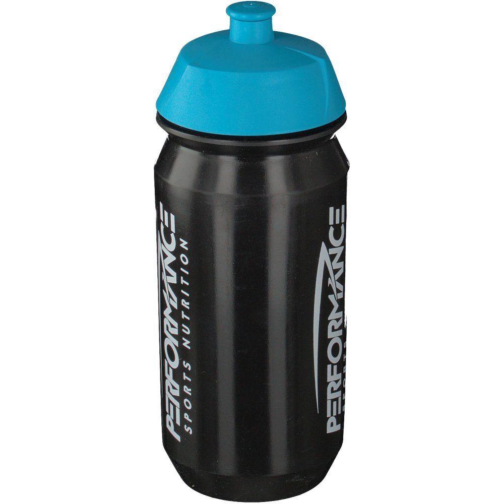 Gourde noire avec bouchon bleu. Inscription : PERFORMANCE SPORTS NUTRITION.