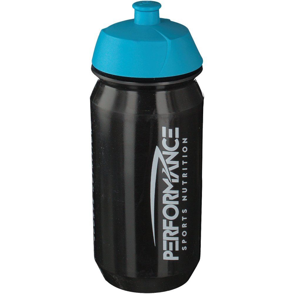 Gourde noire avec bouchon bleu. Inscription : PERFORMANCE SPORTS NUTRITION.