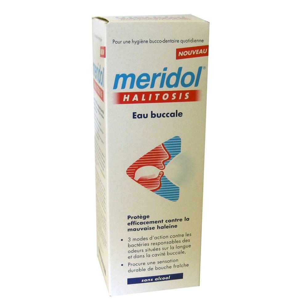 Boîte "meridol halitosis Eau buccale". Texte et logo sur fond blanc. Éléments de design rouges et bleus.