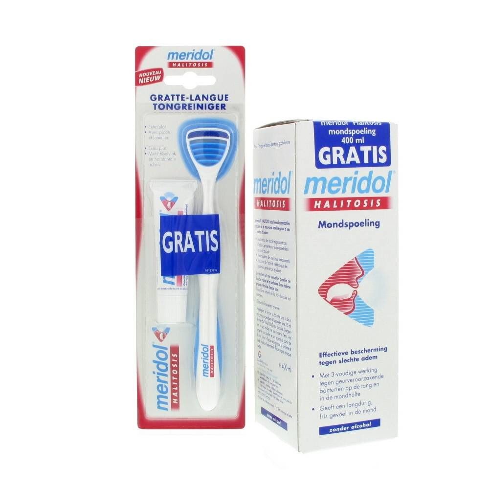 Deux produits: gratte-langue et bain de bouche. Gratte-langue en blister, bain de bouche en carton.