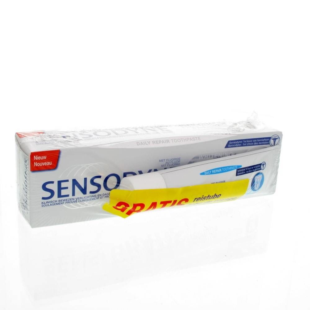 Tandpastaverpakking en reisformaat. Opschrift: Sensodyne, Daily Repair Toothpaste. Gele gratis etui.