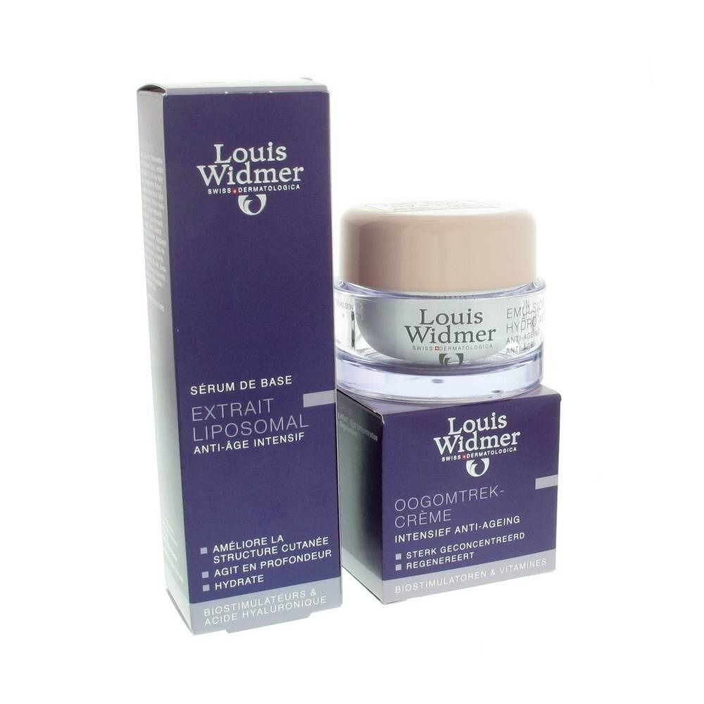 Drie producten van Louis Widmer. Een serum en een crème in paarse verpakkingen, en een potje. Opschrift: Extrakt Liposomaal, Oogomtrek-Crème.