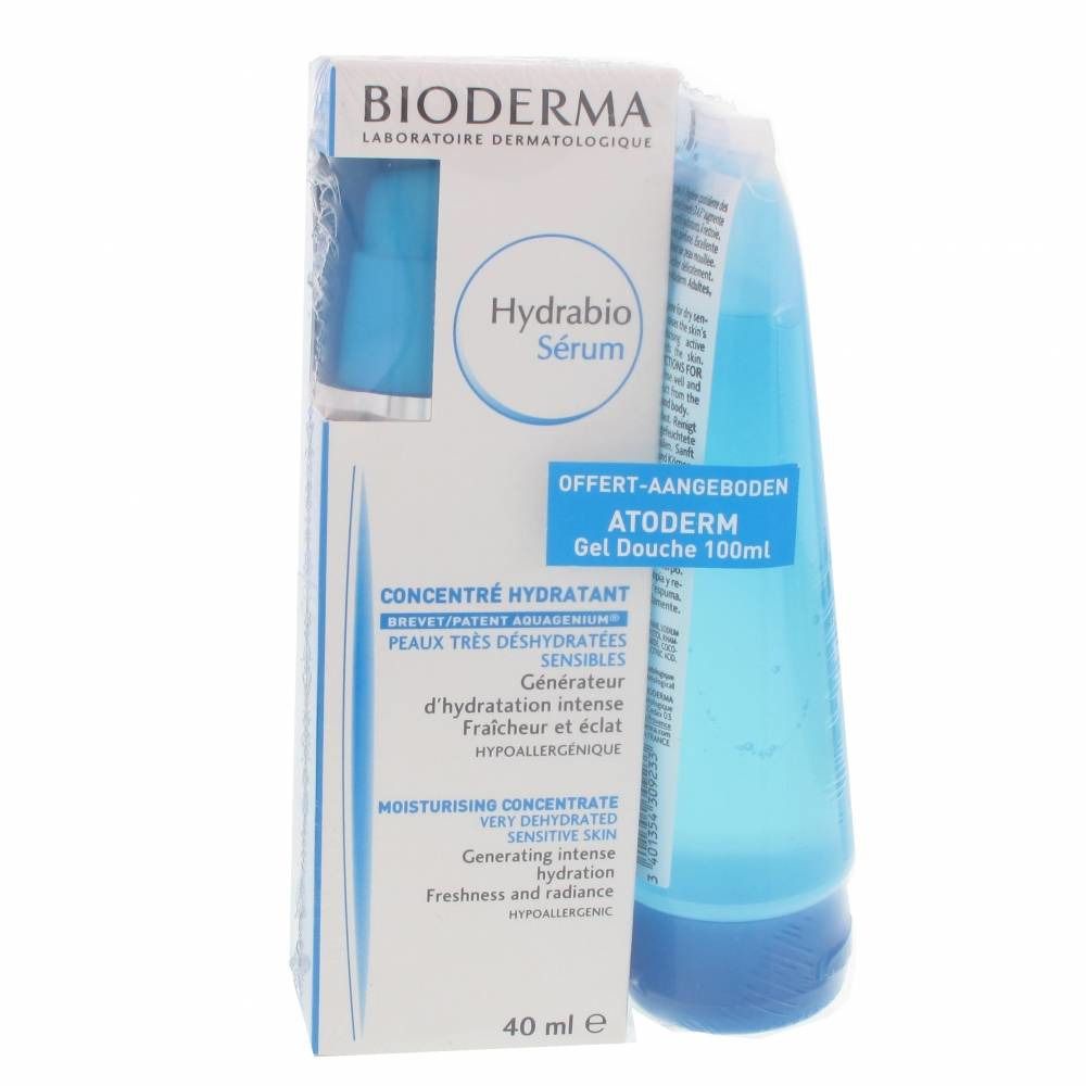 Emballage avec sérum et gel douche. Inscriptions : Bioderma, Hydrabio Sérum, Atoderm Gel Douche. Emballage bleu et blanc.
