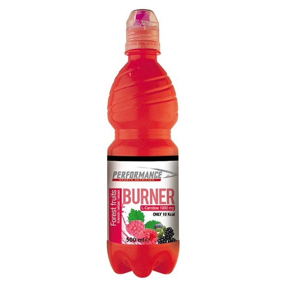 Rode fles sportdrank. Opschrift: PERFORMANCE BURNER Forest fruits, L-Carnitine 1000 mg, 10 Kcal. Met klapdeksel.