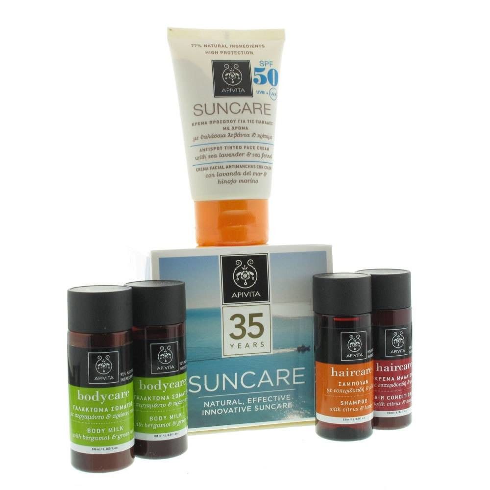 Apivita Sun Anti-Spot Gezichtscrème SPF50 + Hair & Body 4x30ml Gratis