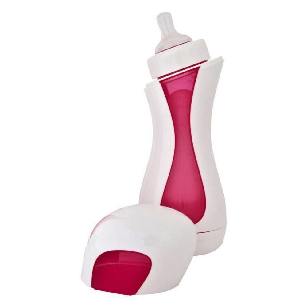 Biberon blanc et rose, avec tétine. Composé de plusieurs parties. Appareil chauffant séparé.