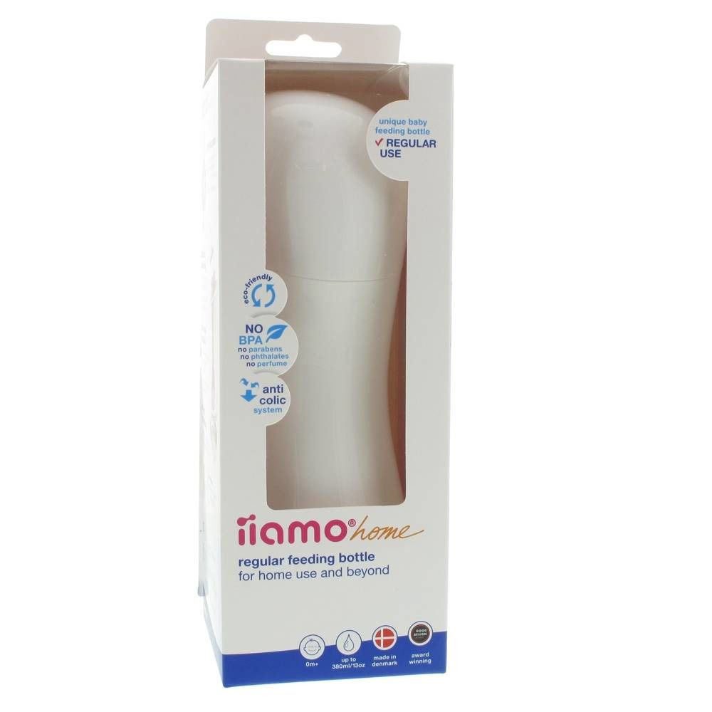 Emballage avec biberon blanc. Texte: iiamo home, regular feeding bottle, NO BPA, anti colic.