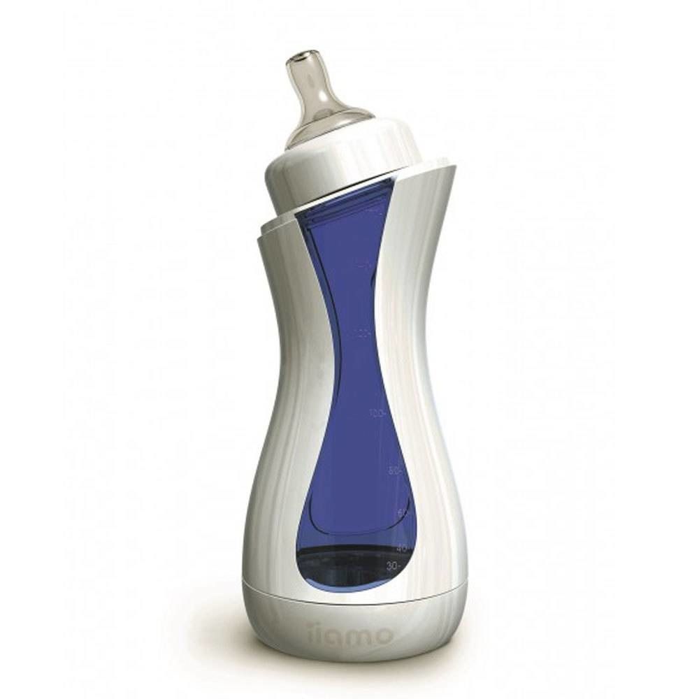 Biberon blanc et bleu. Le biberon est incliné. Marque "iiamo" en bas.