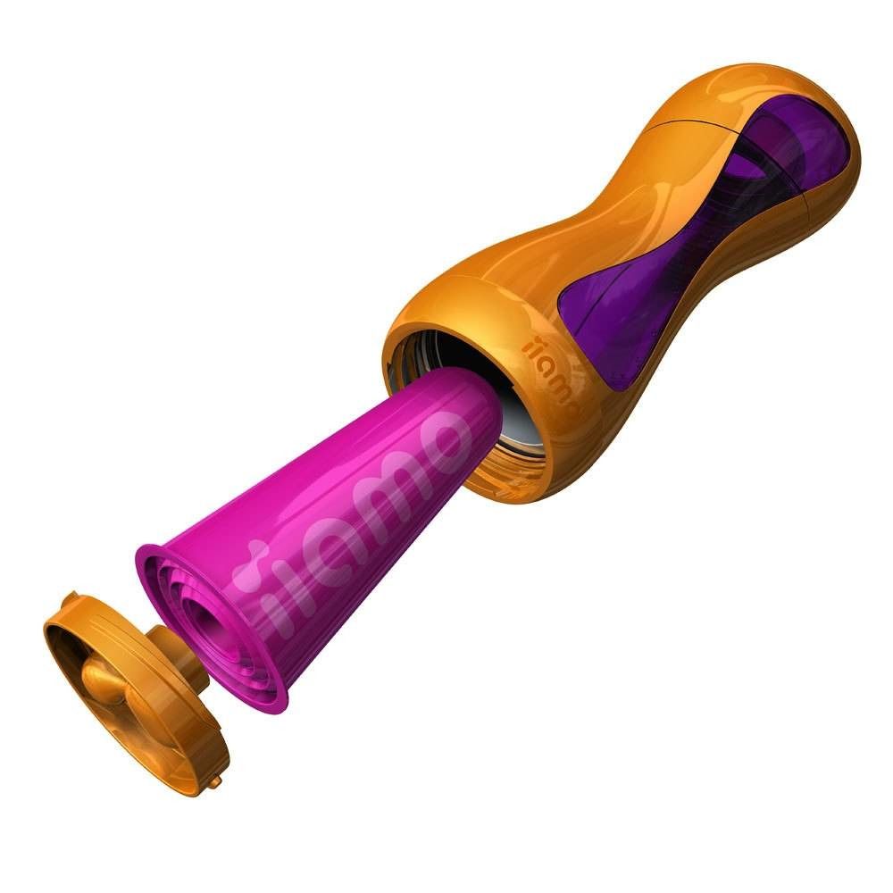 Biberon démonté. Biberon orange avec module chauffant et couvercle violets. Le logo est visible sur le module chauffant.