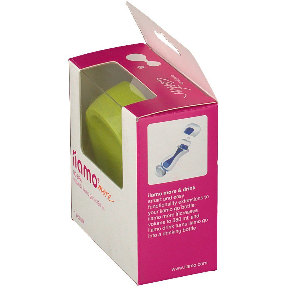 Emballage avec fond de bouteille vert. iiamo more, sans BPA. Augmente iiamo go. Illustration d'utilisation.