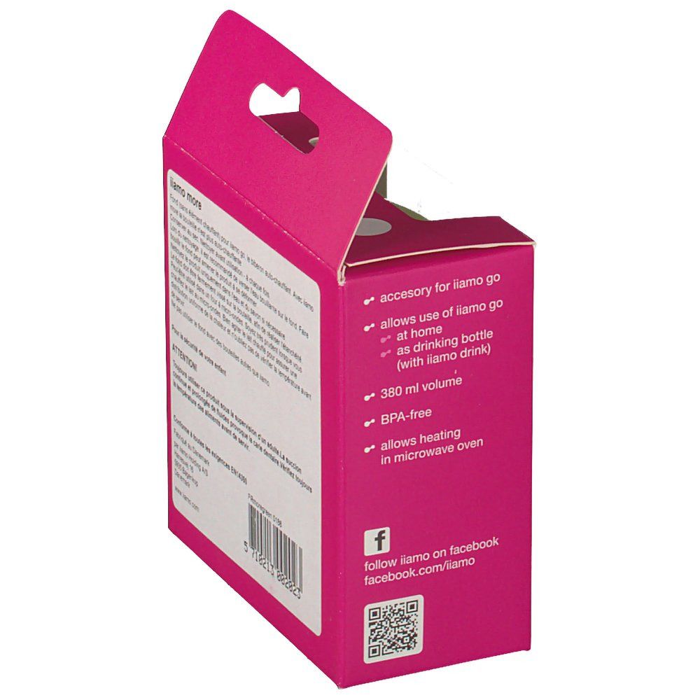 Côté de l'emballage avec texte: accessoires pour iiamo go, comme biberon, 380 ml, sans BPA, micro-ondable.