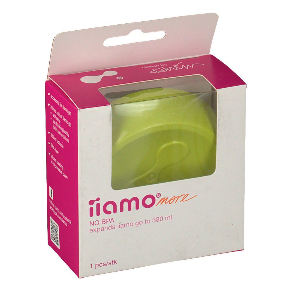 Emballage avec fond de bouteille vert. iiamo more, sans BPA. Augmente iiamo go à 380 ml. 1 pièce.