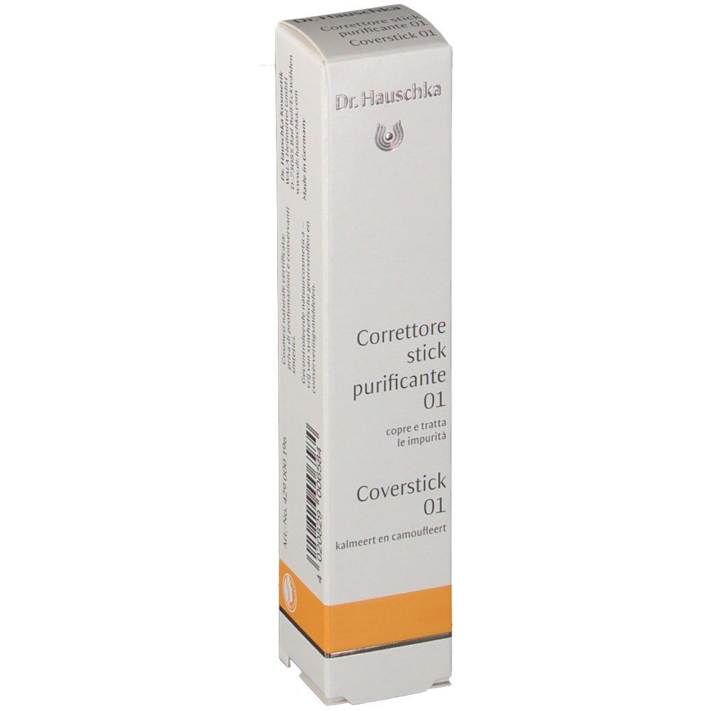 Boîte avec nom du produit et logo. Texte multilingue. Bande orange en bas. Nom du produit: Coverstick 01.