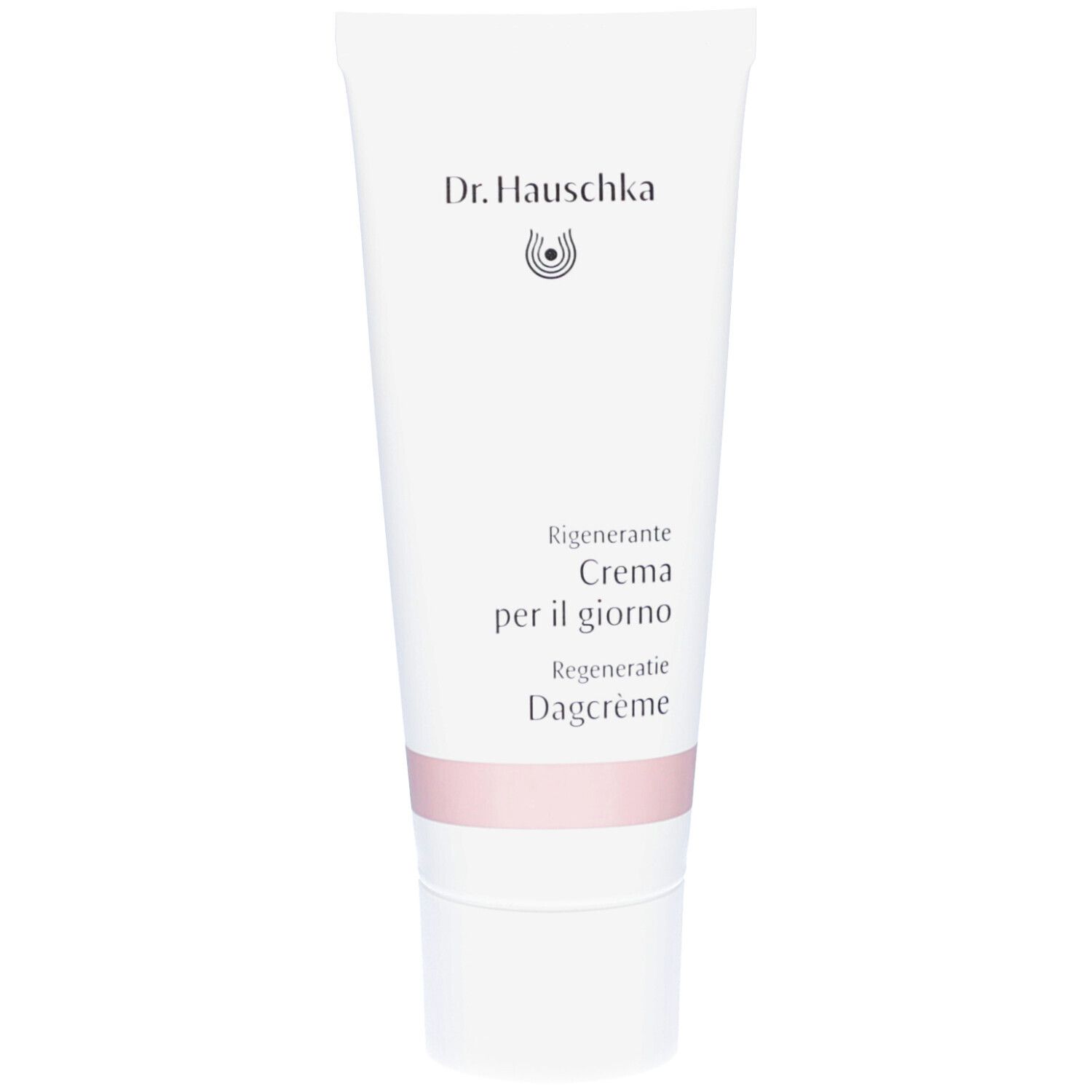 Tube blanc avec bande marron. Inscription: Dr. Hauschka, Crème régénérante, Regeneratie Dagcrème.
