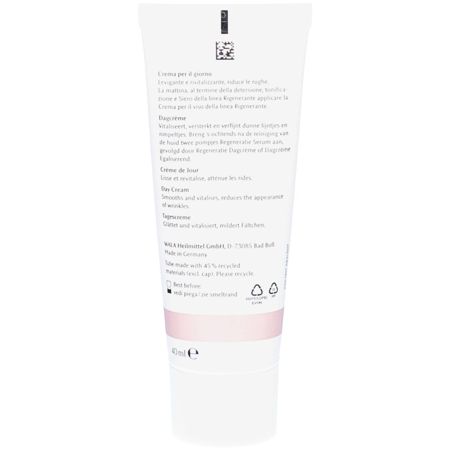 Dos du tube. Texte multilingue. Inscription: Crème régénérante, Regeneratie Dagcrème.