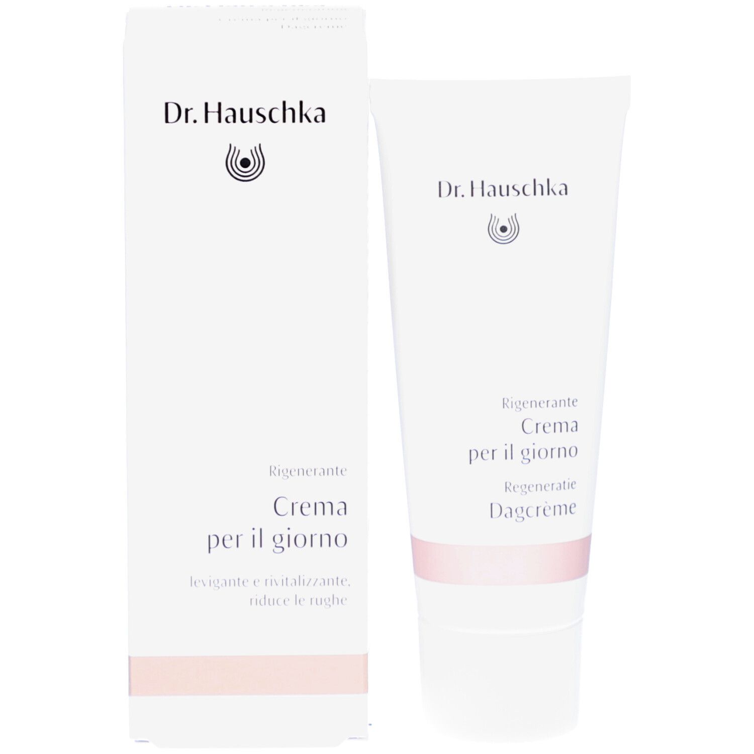 Produit et emballage. Tube et boîte blancs. Inscription: Dr. Hauschka, Crème régénérante.