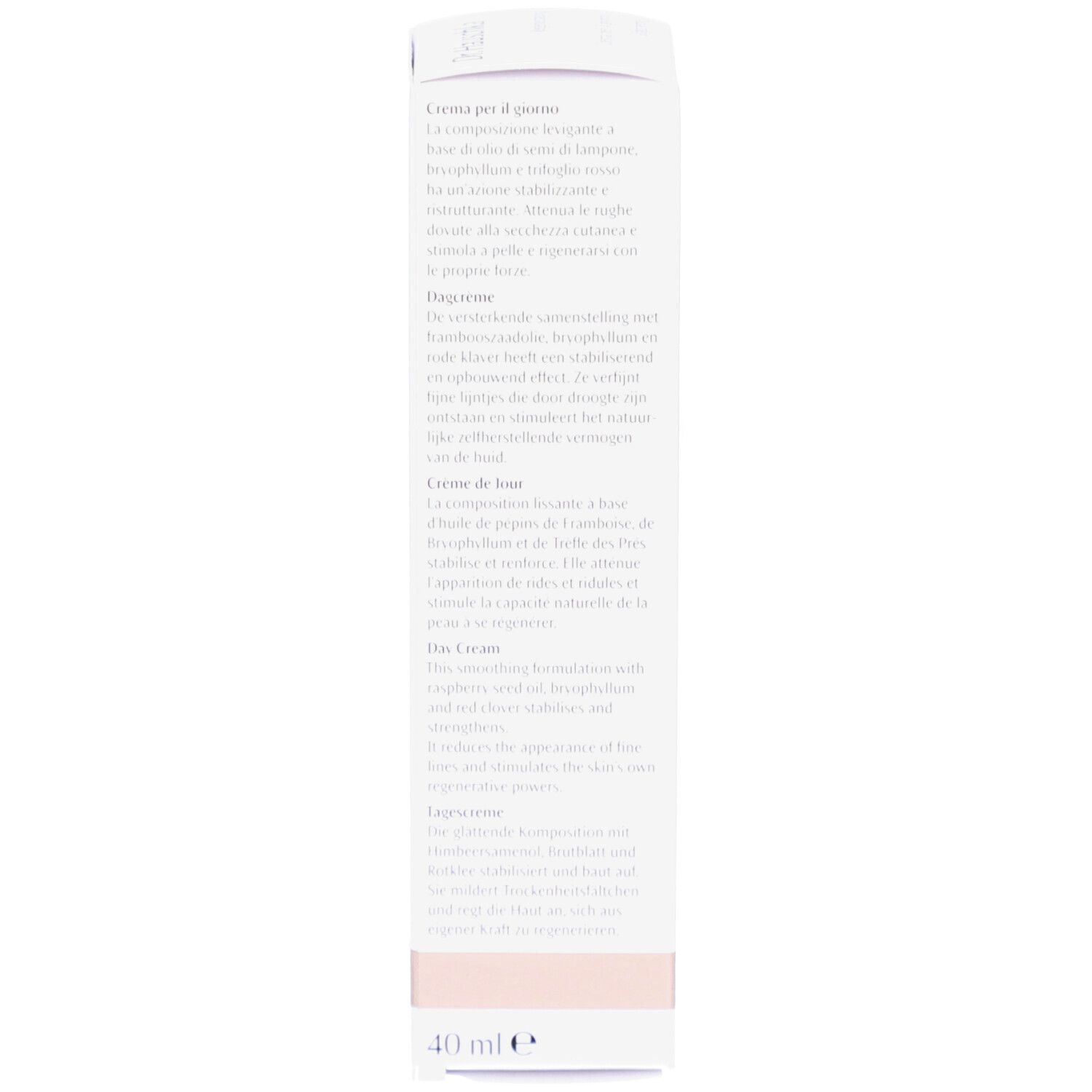 Dos de la boîte. Ingrédients et informations. Inscription: Dr. Hauschka, 40 ml e.