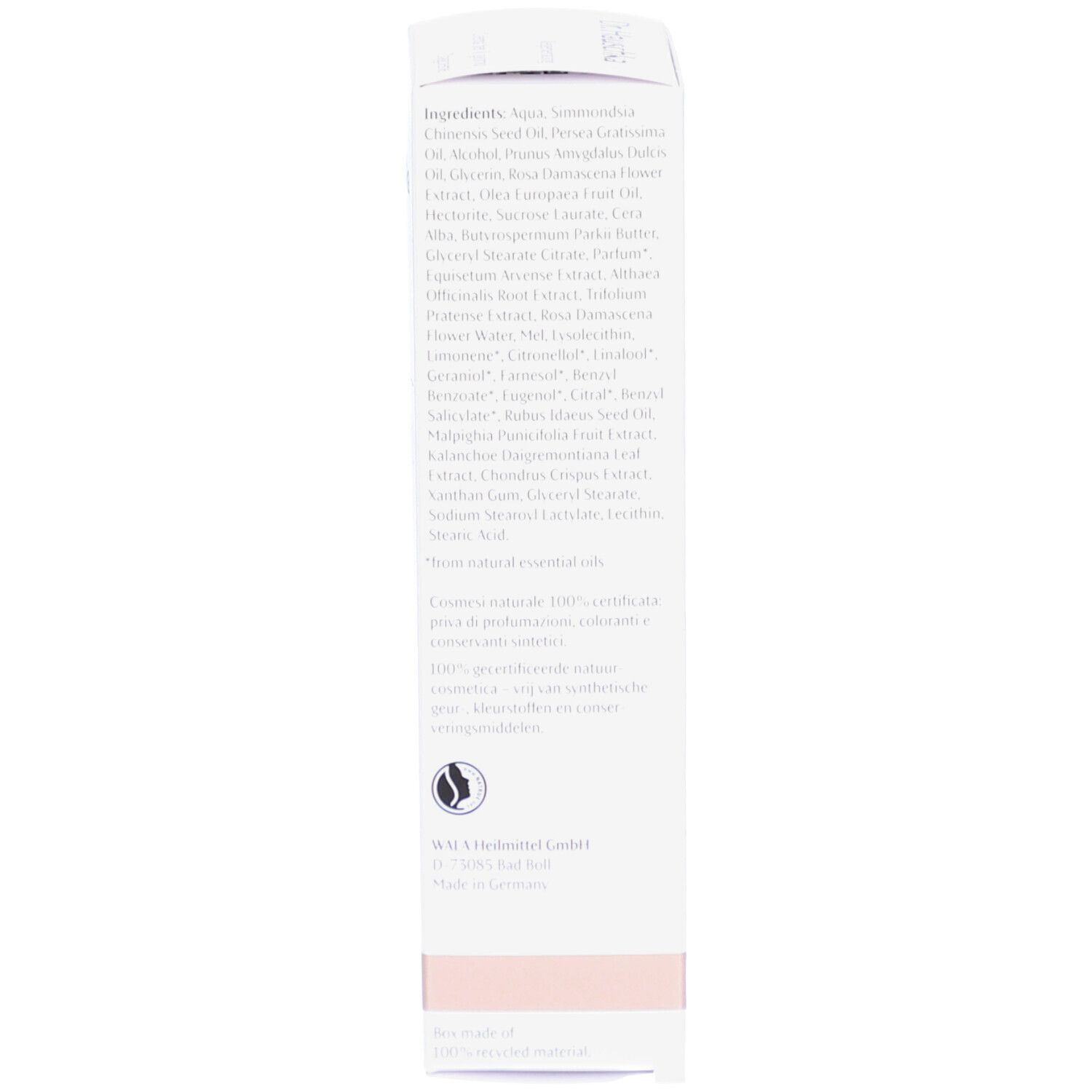 Côté de la boîte. Texte multilingue. Inscription: Crème régénérante.