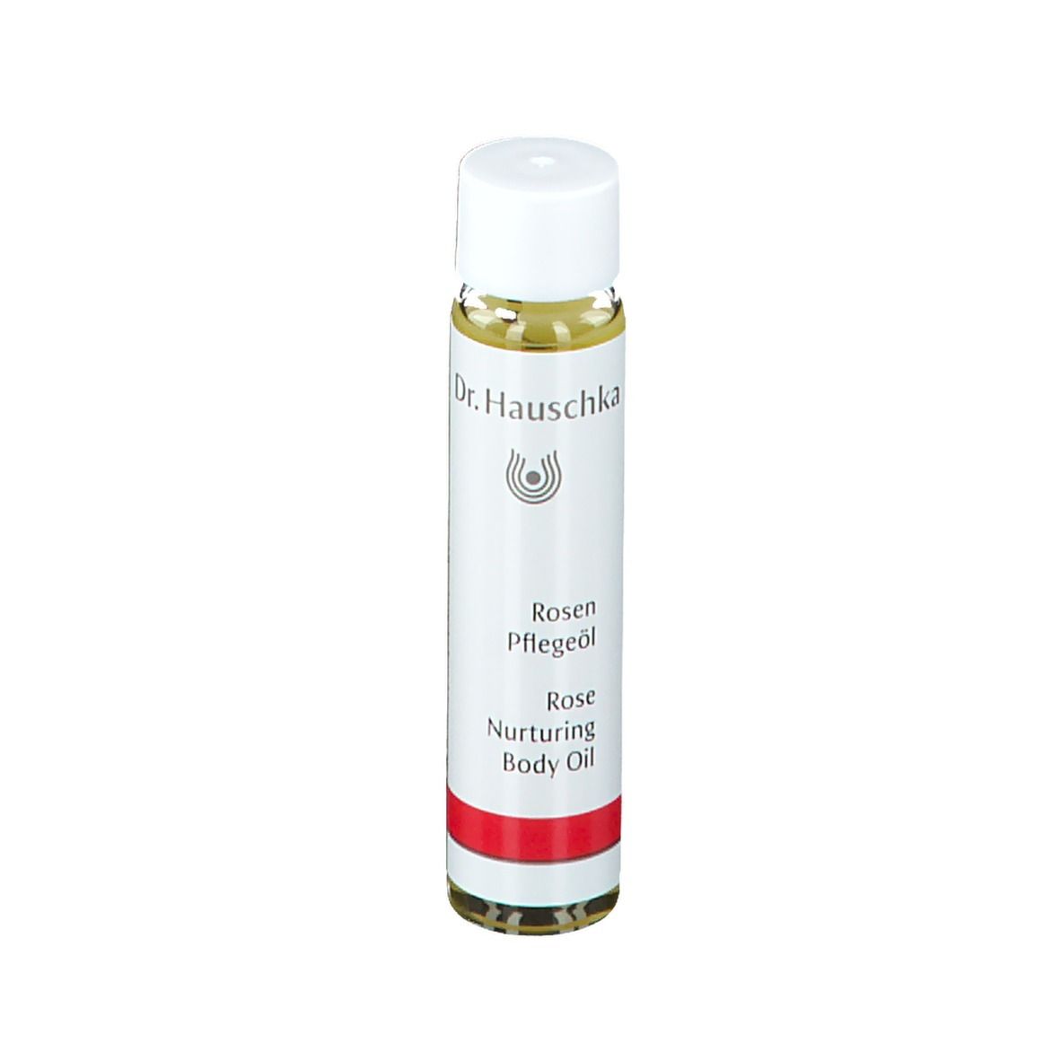 Flacon d'huile pour le corps avec bouchon blanc et étiquette. Bande rouge en bas. Texte : Rosen Pflegeöl, Rose Nurturing Body Oil.