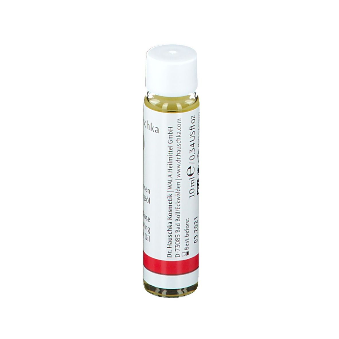 Flacon d'huile pour le corps avec bouchon blanc et étiquette. Bande rouge en bas. Texte : 10 ml, 0.34 US fl oz, Best before 03 2021.