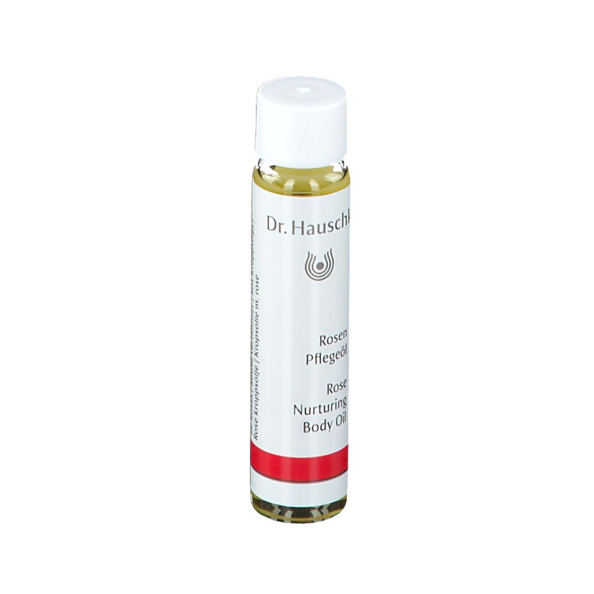 Flacon d'huile pour le corps avec bouchon blanc et étiquette. Bande rouge en bas. Texte : Dr. Hauschka, Rosen Pflegeöl, Rose Nurturing Body Oil.
