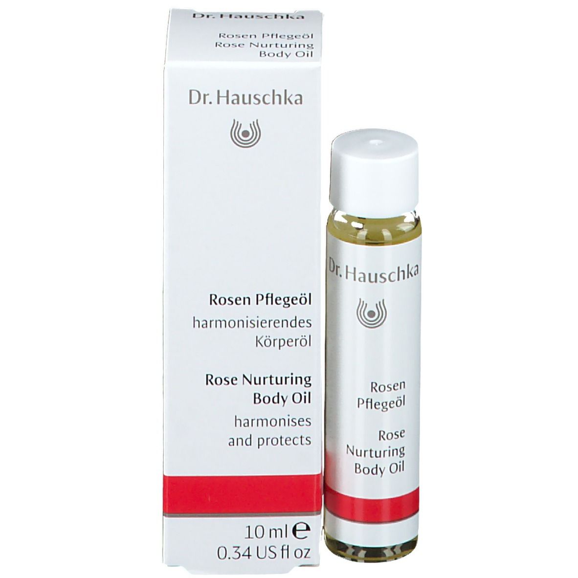 Flacon et emballage. Flacon avec bouchon blanc et étiquette. Emballage avec texte : Rosen Pflegeöl, Rose Nurturing Body Oil, 10 ml.