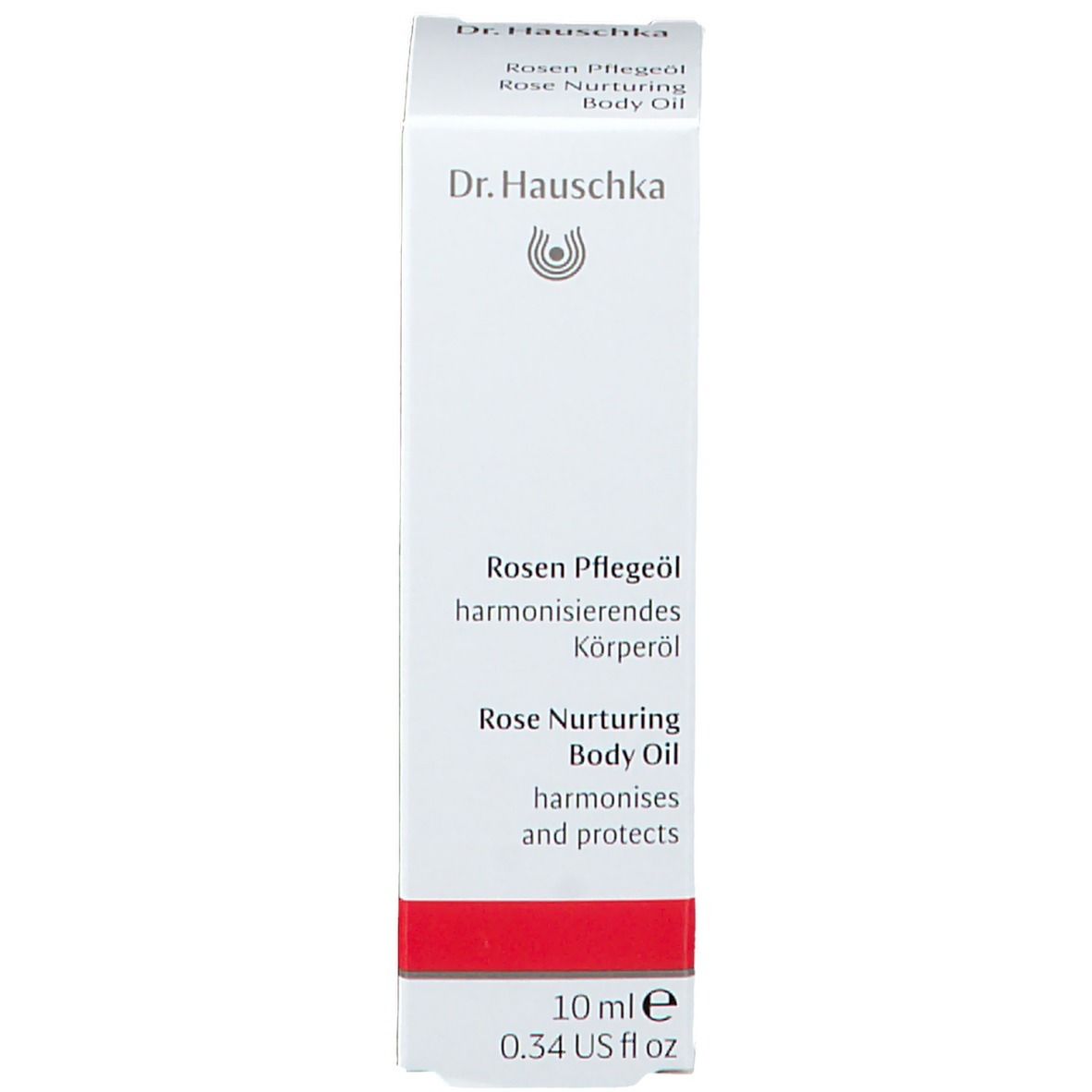 Emballage du produit. Blanc avec texte : Rosen Pflegeöl, Rose Nurturing Body Oil, harmonisant, 10 ml, 0.34 US fl oz.