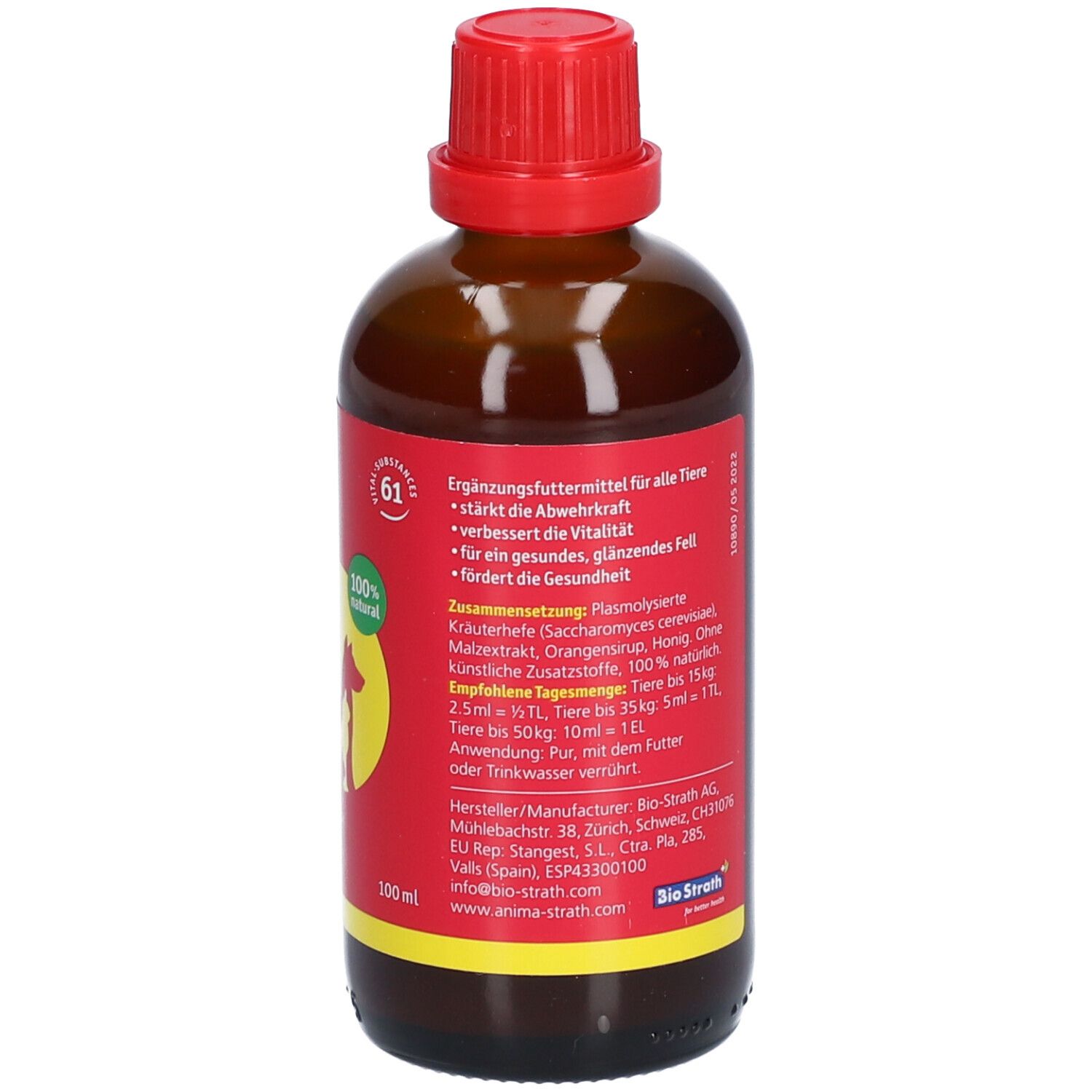 Bruine glazen fles met rode dop. Rood etiket met productnaam, logo en tekst. 100% natuurlijk.