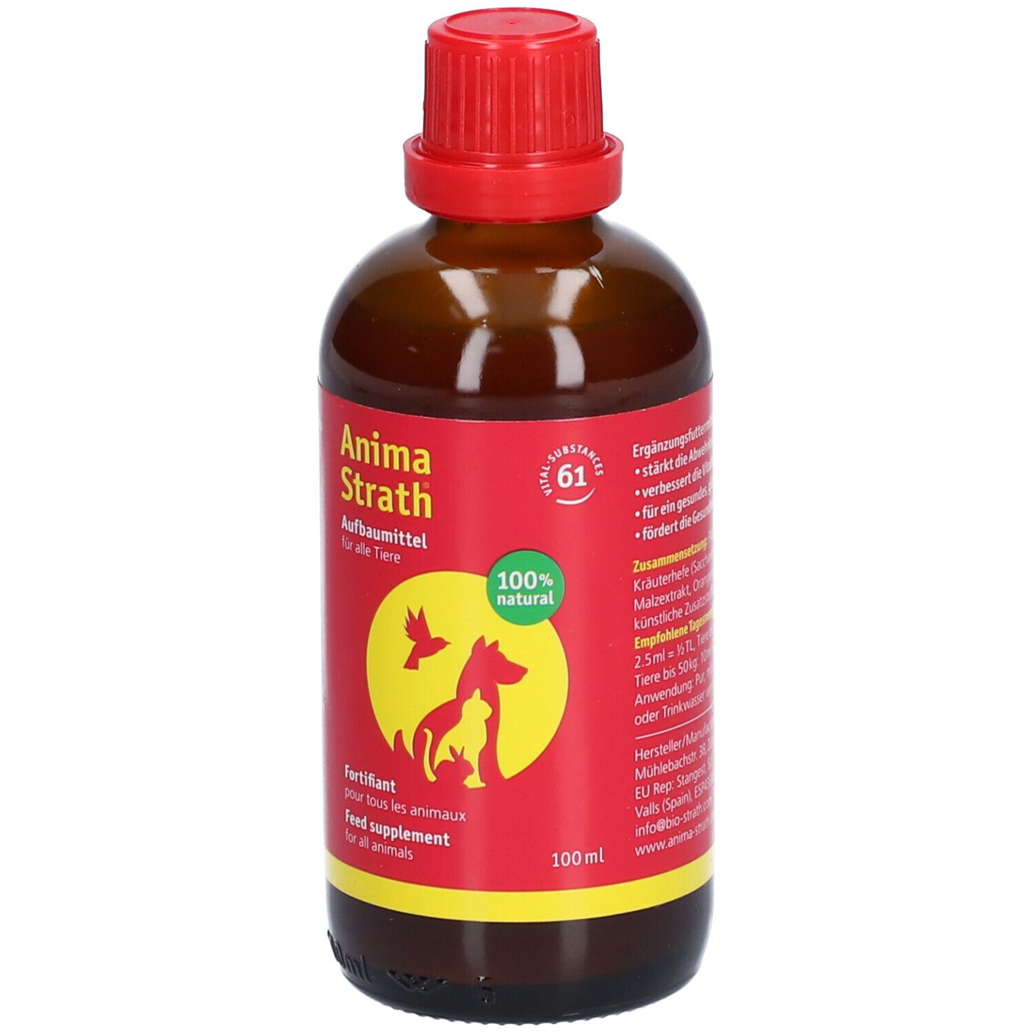 Bruine glazen fles met rode dop. Rood etiket met productnaam, logo en tekst. 100% natuurlijk.