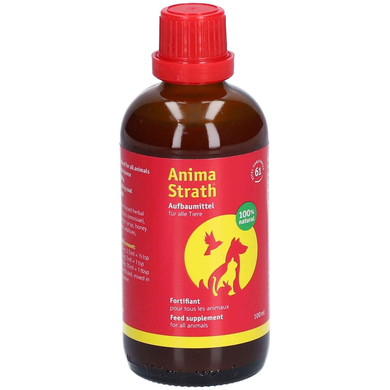 Bruine glazen fles met rode dop. Rood etiket met productnaam, logo en tekst. 100% natuurlijk.