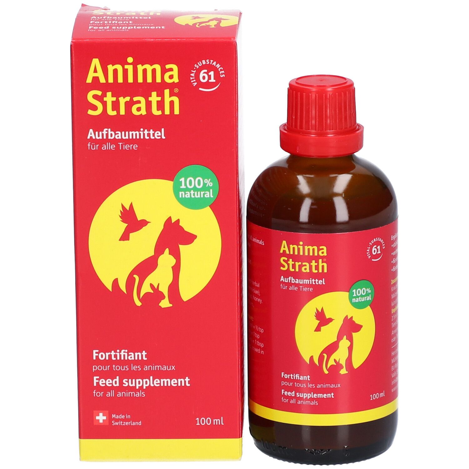 Productfles en verpakking. Rode verpakking met productnaam, logo en tekst. 100% natuurlijk.