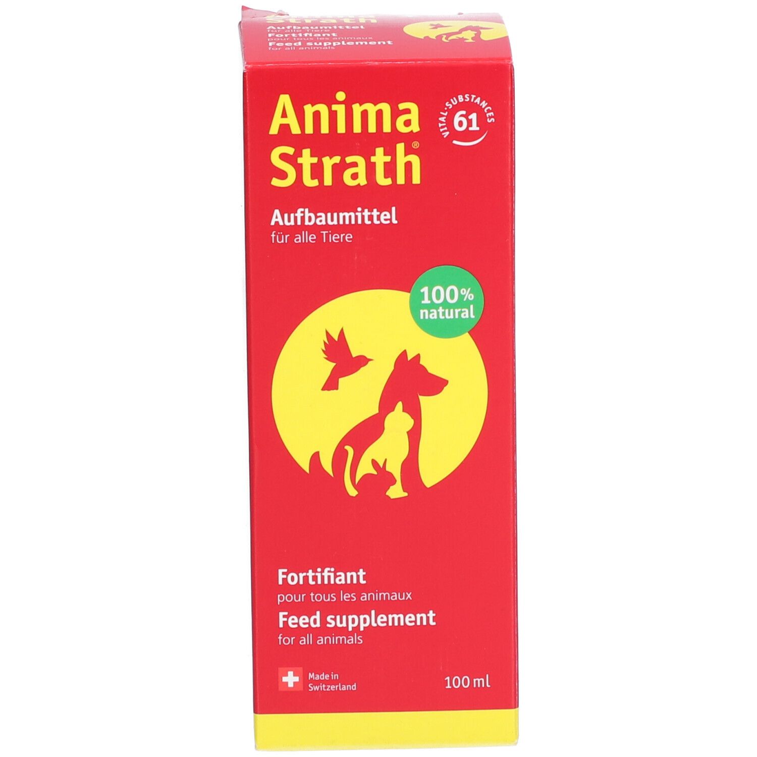 Rode productverpakking met productnaam, logo en tekst. 100% natuurlijk. Bevat flesafbeelding.