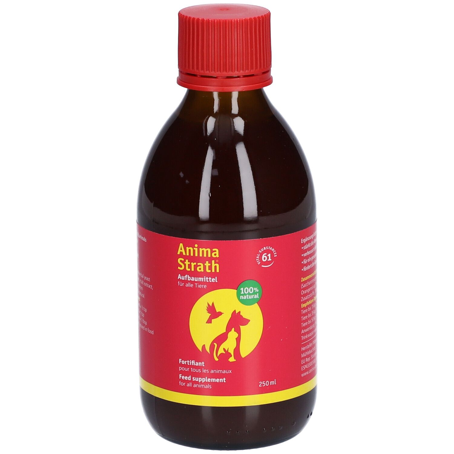 Flacon en verre brun avec bouchon rouge. Étiquette rouge avec logo jaune et texte: Anima Strath, 100% naturel, 250ml.