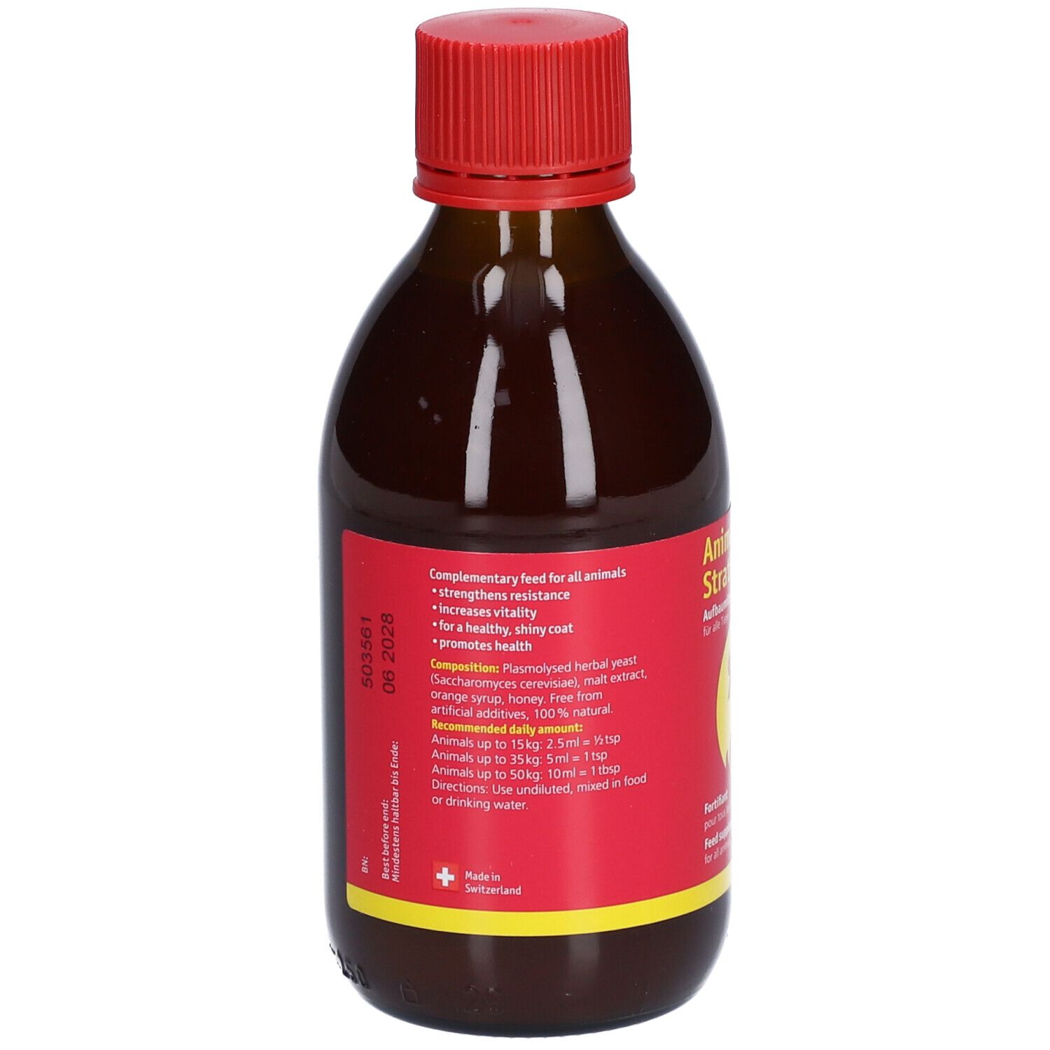 Dos d'une bouteille en verre brun avec bouchon rouge. Étiquette rouge avec texte et croix suisse. Date de péremption: 09 2026.