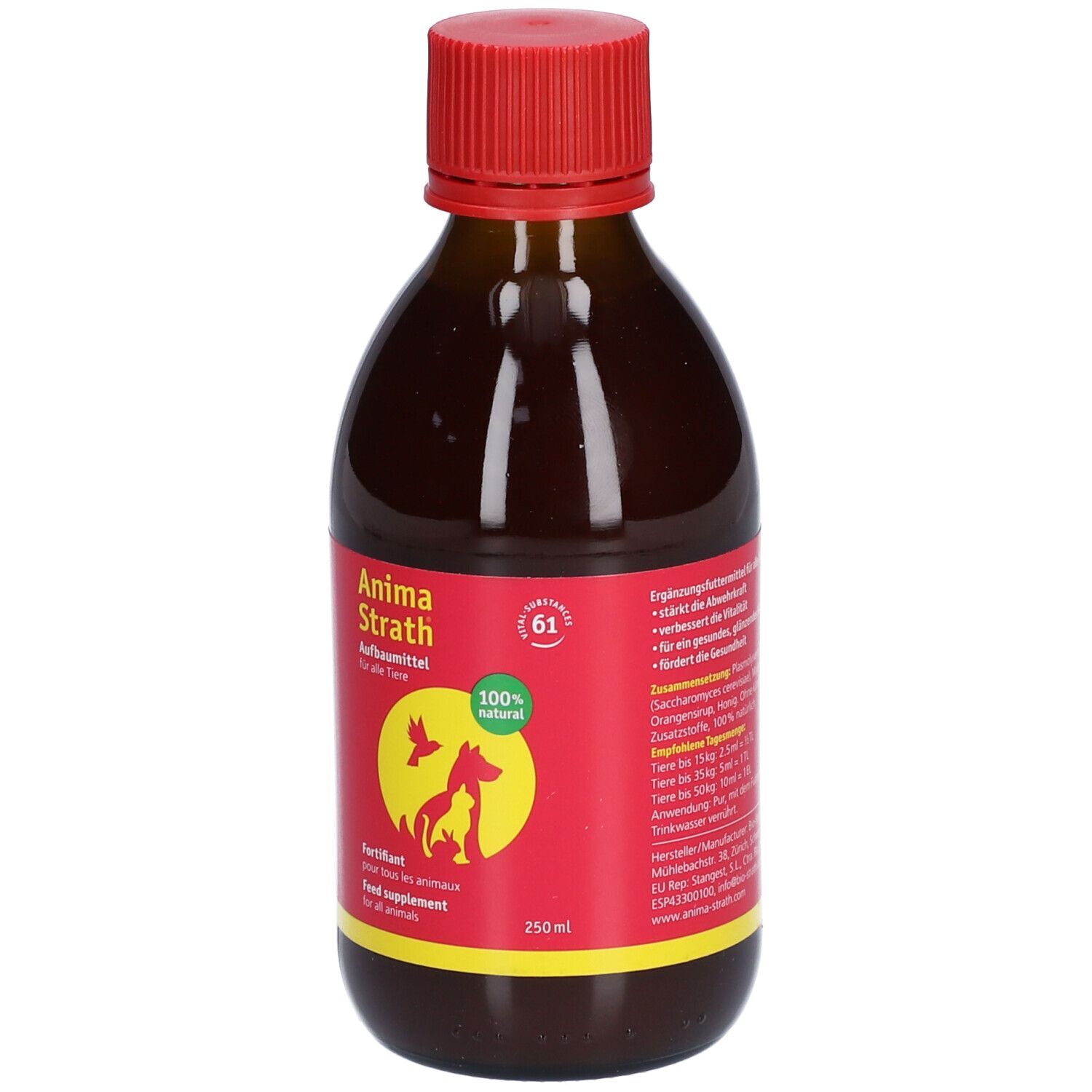 Bouteille en verre brun avec bouchon rouge. Étiquette rouge avec texte et logo jaune: Anima Strath, 100% naturel, 250ml.
