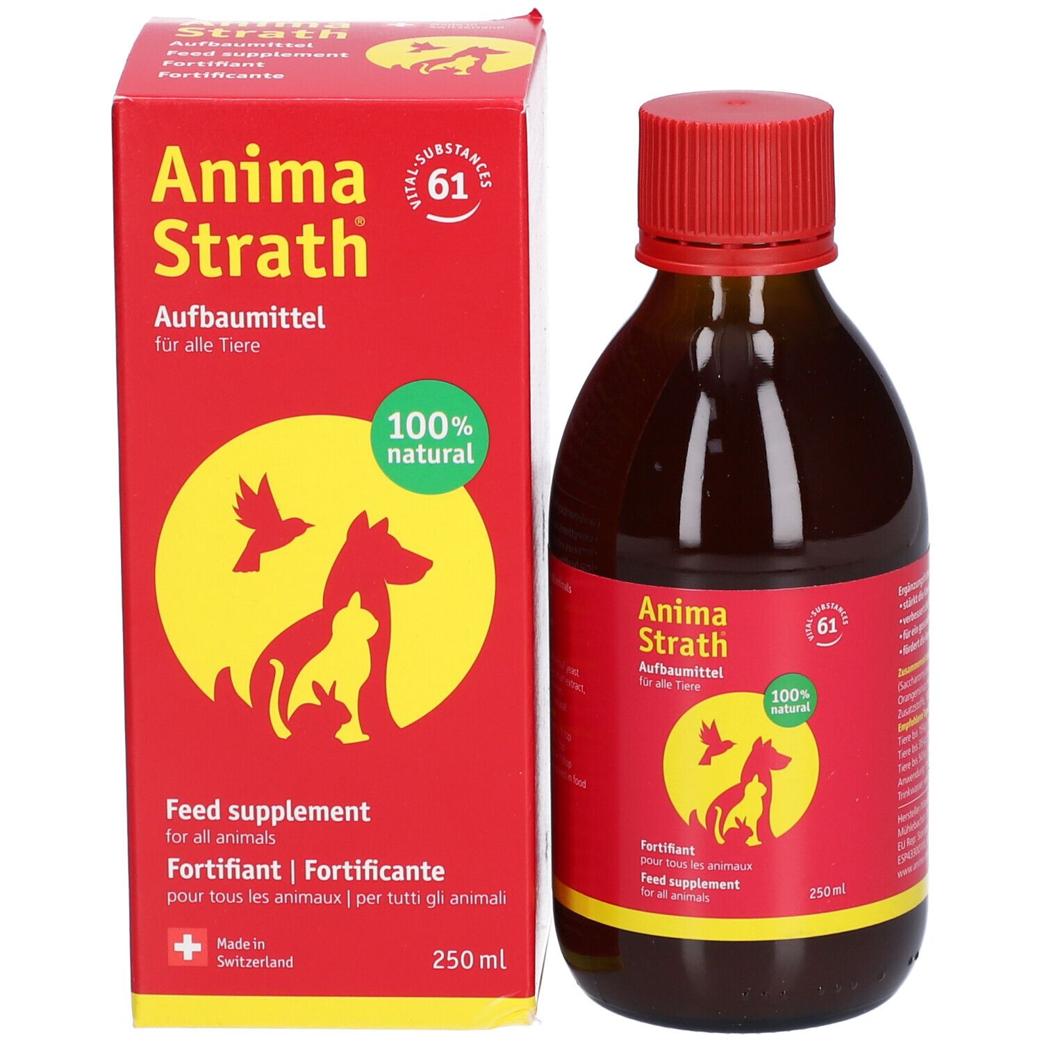 Emballage et flacon. Boîte rouge et flacon brun avec bouchon rouge. Texte: Anima Strath, 100% naturel, 250ml.