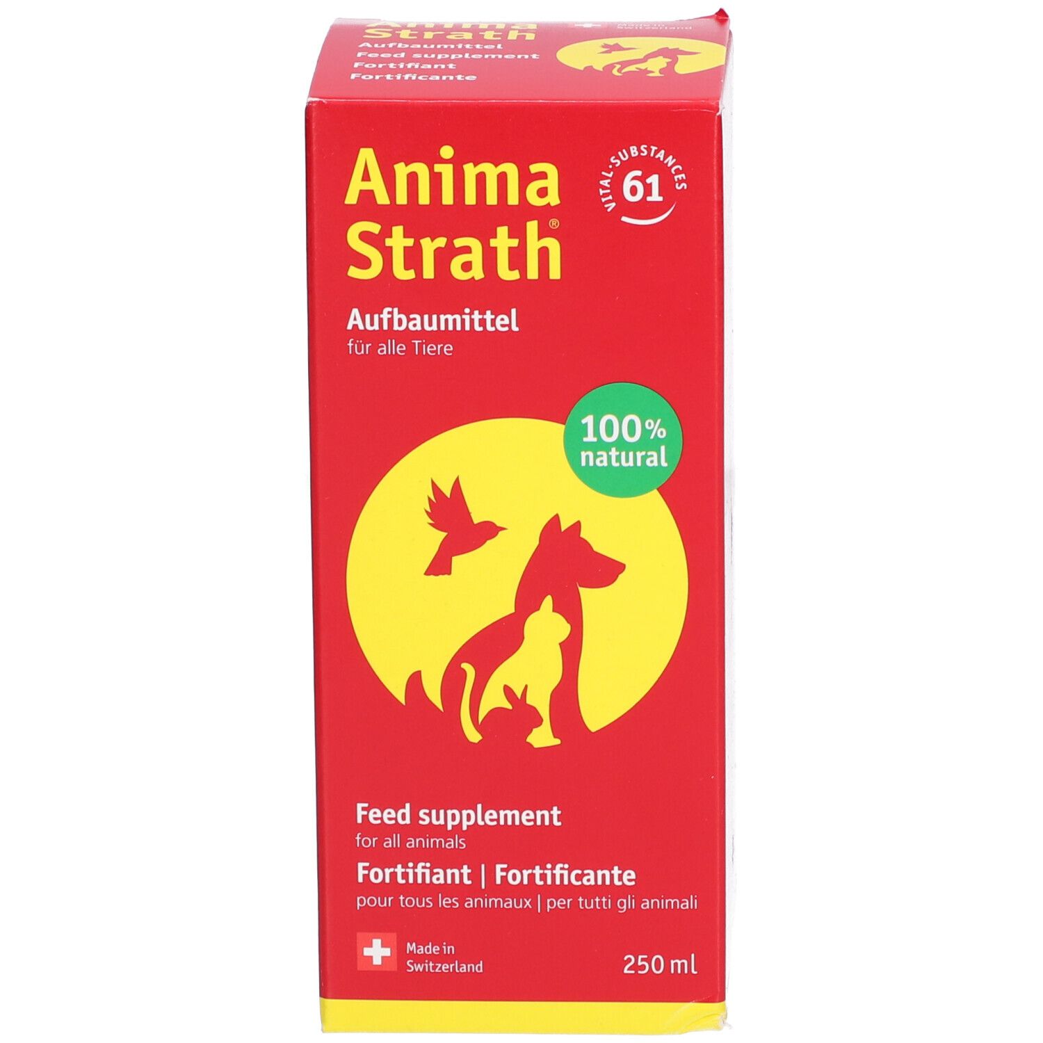 Emballage rouge. Texte: Anima Strath, 100% naturel, 250ml. Logo jaune avec illustration d'animaux.