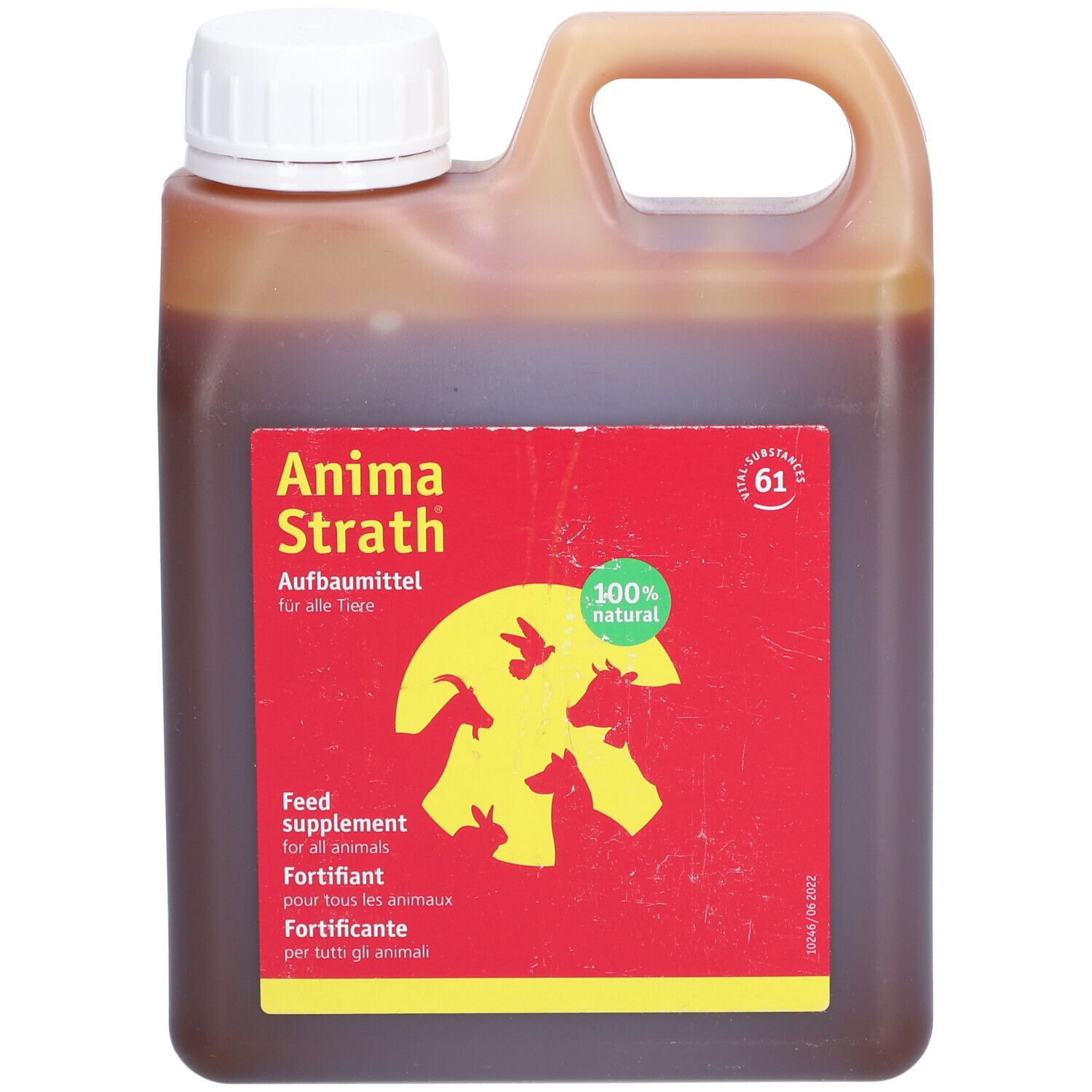 Fles vloeistof. Rode sticker met gele dieren en tekst: Anima Strath, 100% natuurlijk, Voedingssupplement.