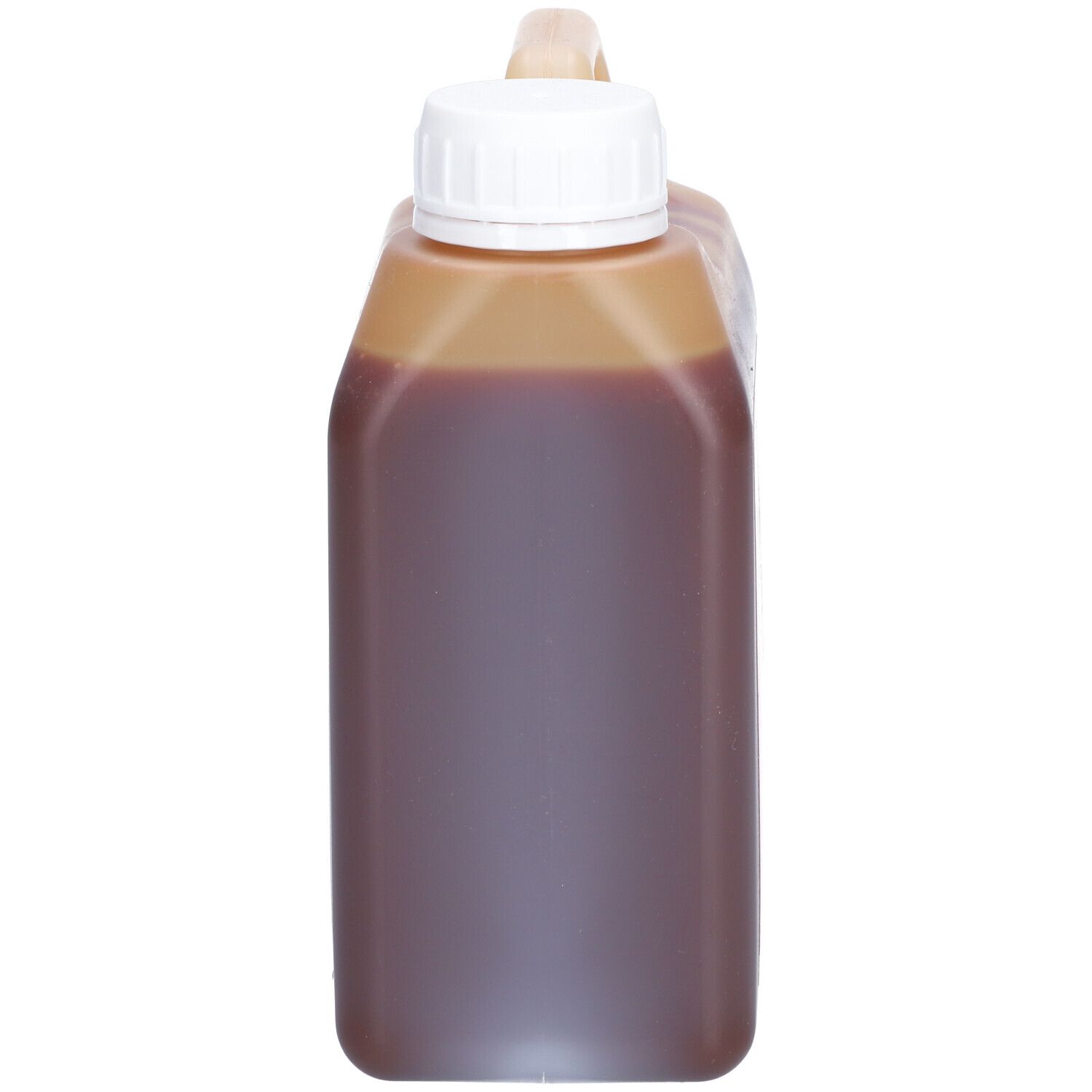 Rechthoekige fles met vloeistof. Witte dop en handvat. Vloeistof bruin.