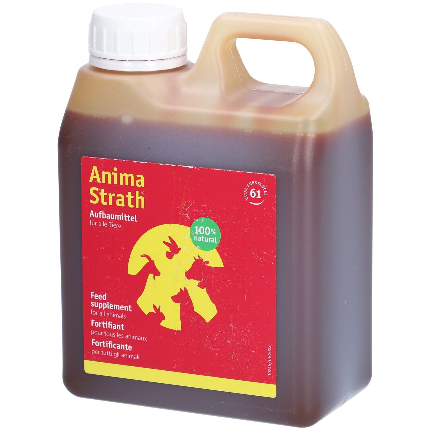 Fles vloeistof. Rode sticker met gele dieren en tekst: Anima Strath, 100% natuurlijk, Voedingssupplement.