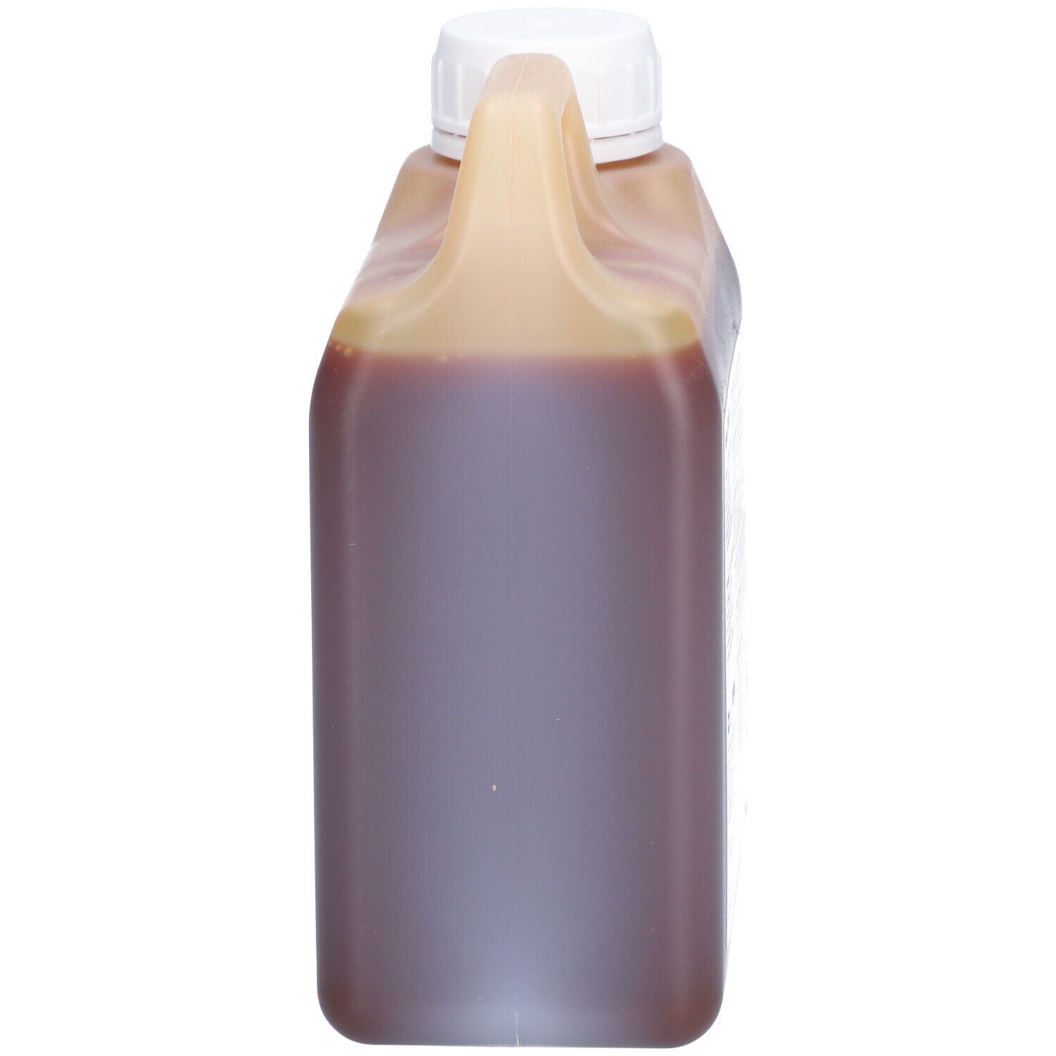 Rechthoekige fles met vloeistof. Witte dop en handvat. Vloeistof bruin.
