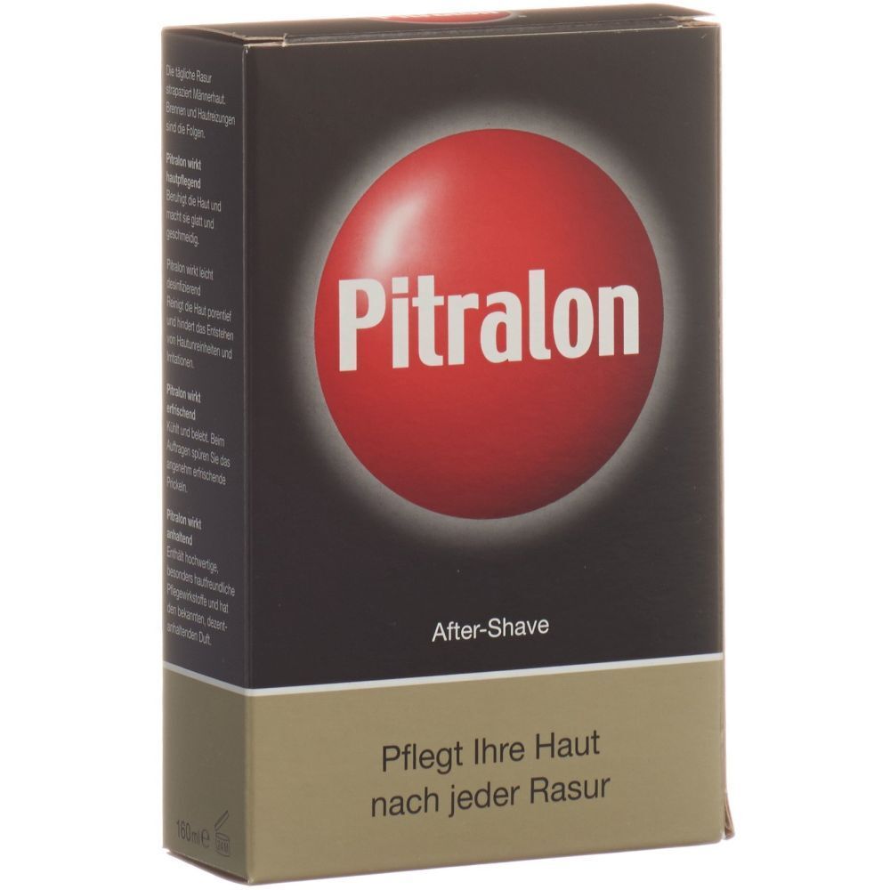 Doos met rode cirkel en tekst Pitralon. Daaronder After-Shave en tekst. Onderste deel beige.