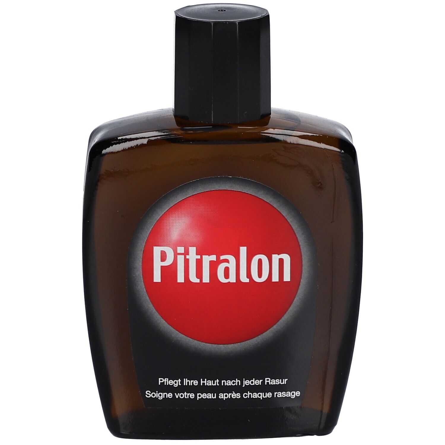 Bruine glazen fles met zwarte dop. Rode cirkel met Pitralon-tekst. Tekst eronder.