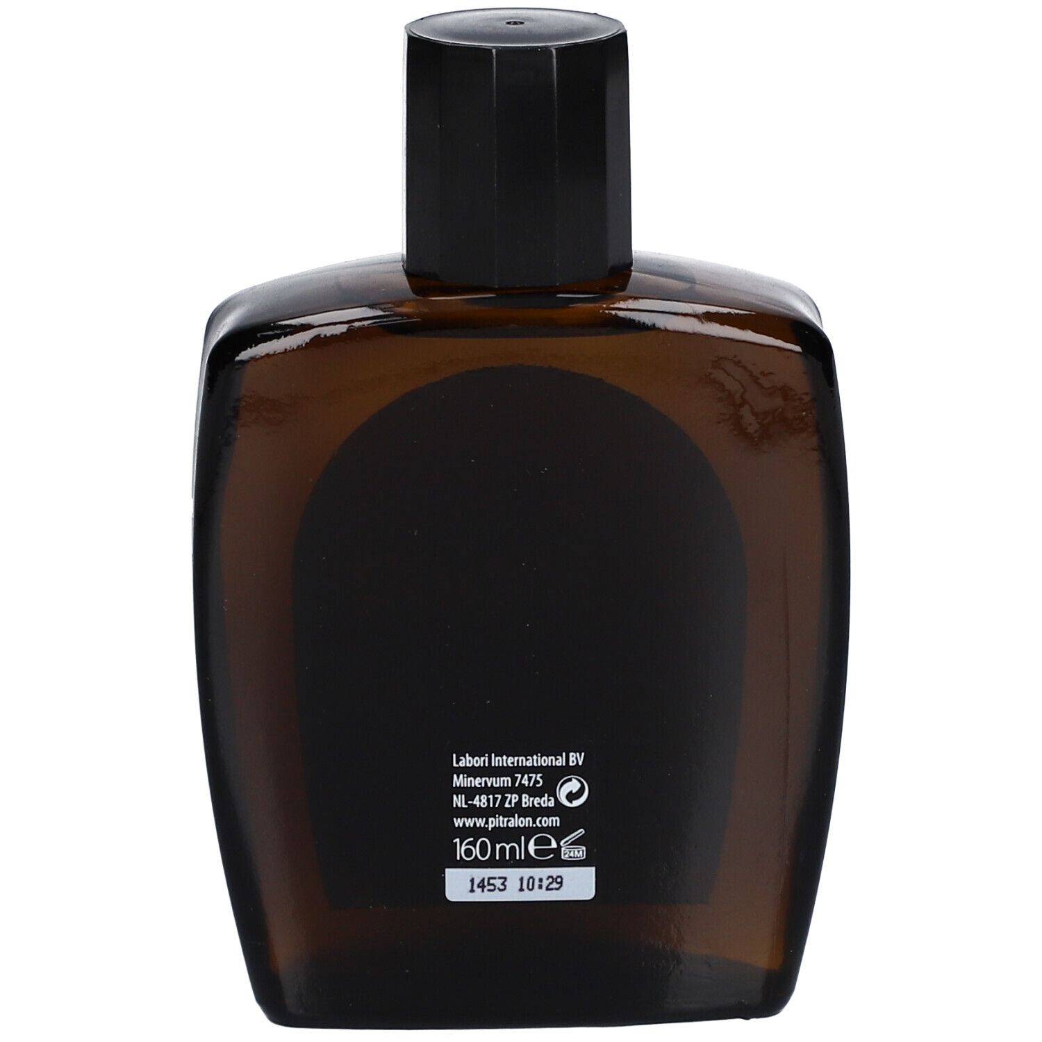 Bruine glazen fles met zwarte dop. Achterkant met tekst en logo. Onderkant 160ml.