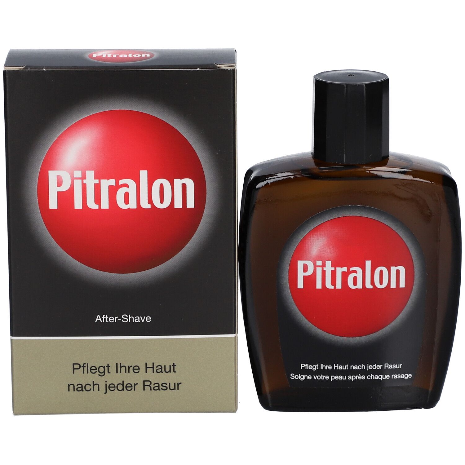 Bruine glazen fles en doos. Beide met rode cirkel en Pitralon-tekst. Tekst eronder.
