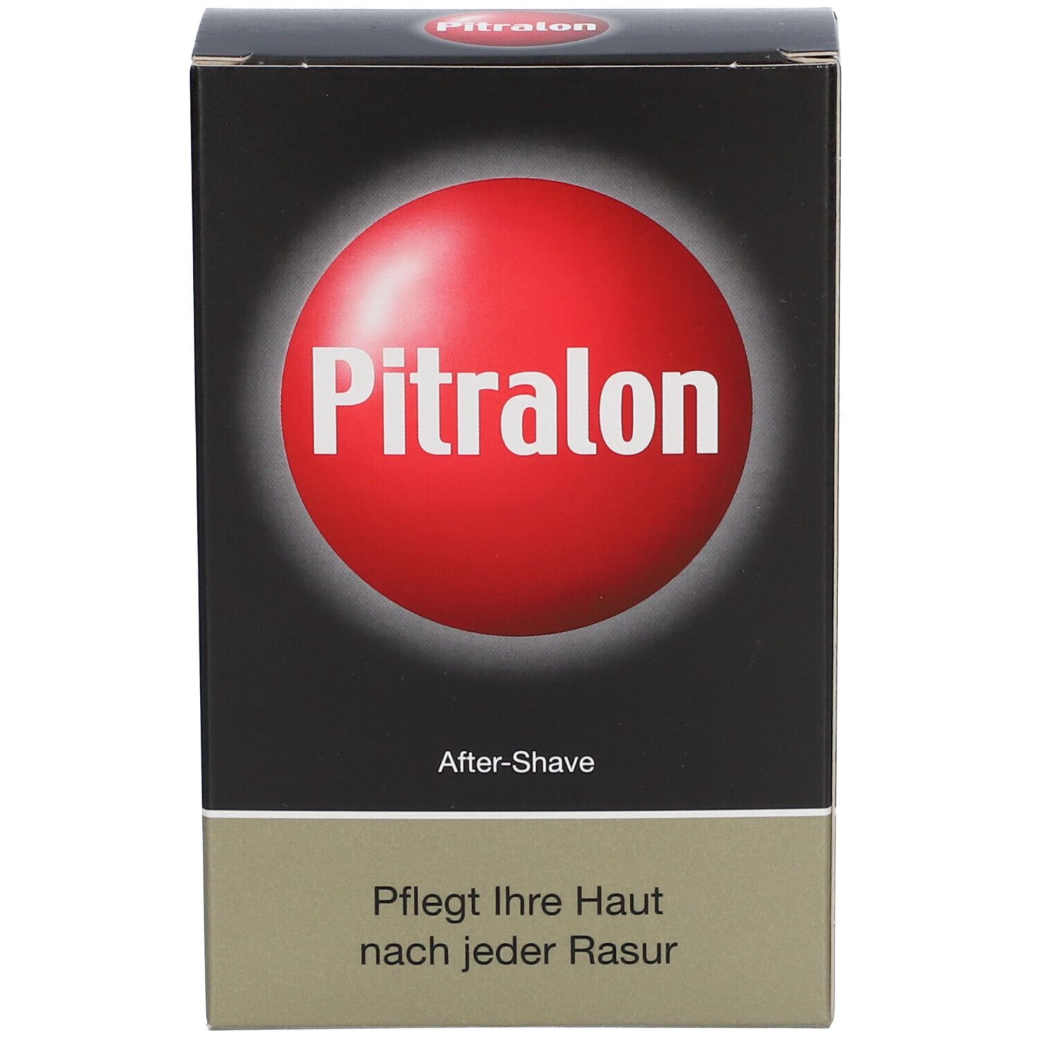 Doos met rode cirkel en Pitralon-tekst. Daaronder After-Shave en tekst. Onderste deel beige.