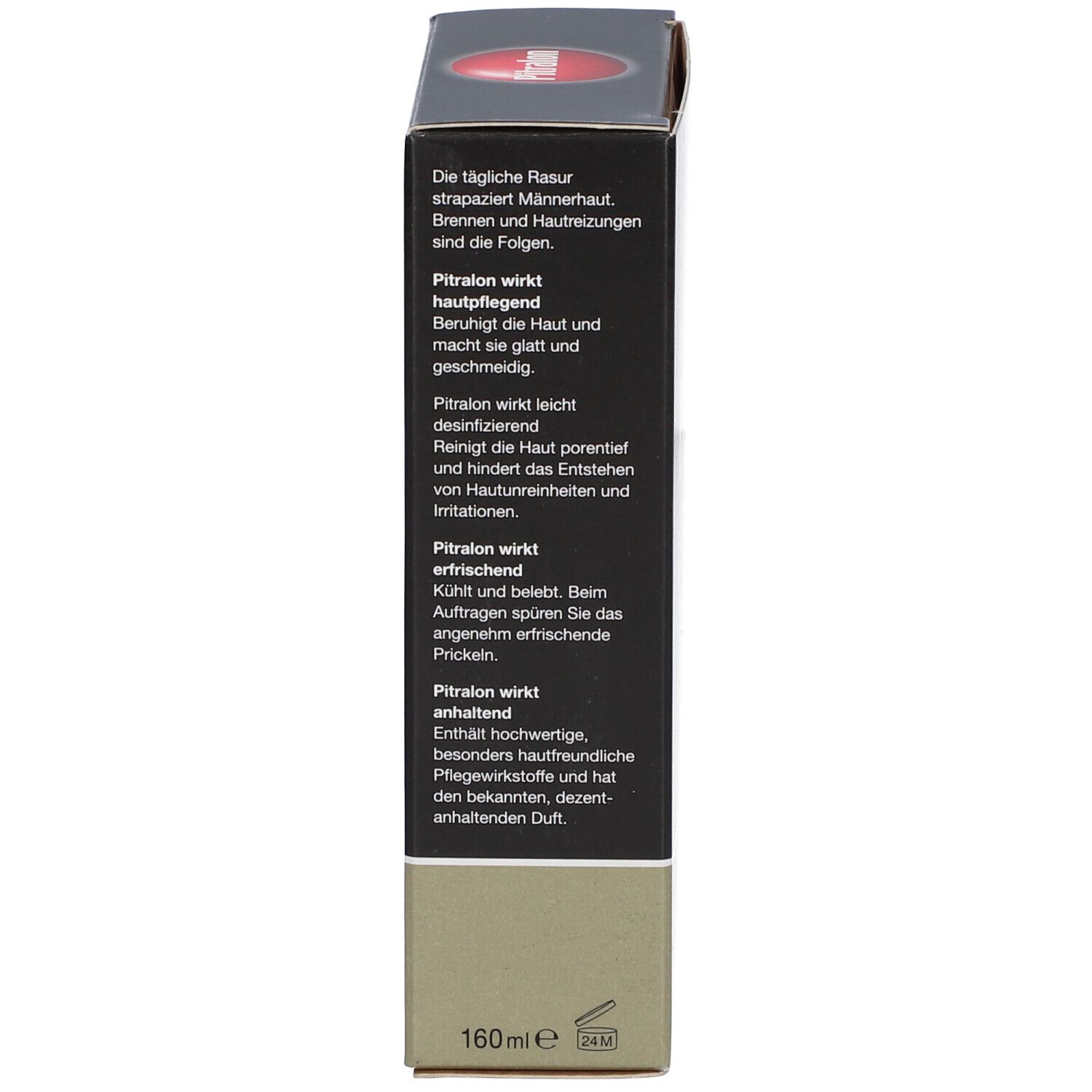 Doos, zijkant met tekst. Bovenkant rode cirkel met logo. Onderkant 160ml.